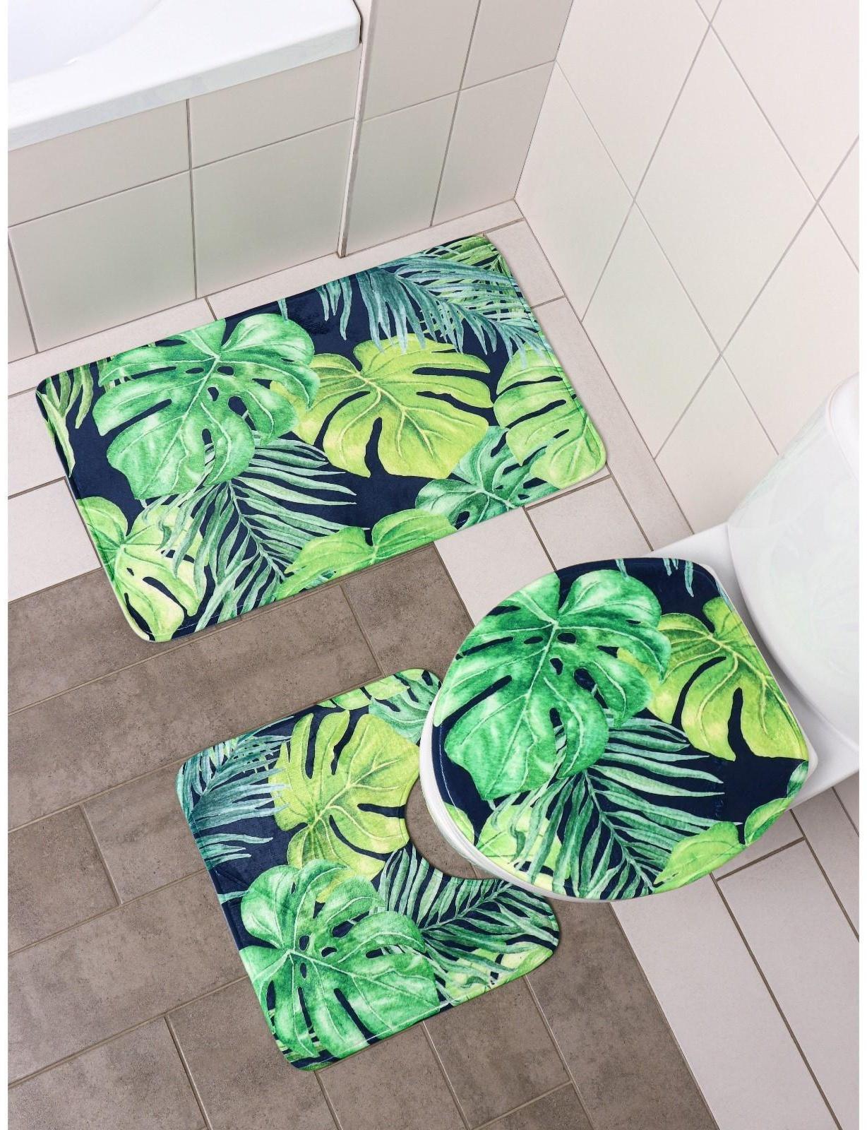 Набор ковриков для ванной и туалета Доляна «Голубые листья», 3 шт: 41×45, 40×50, 45×75 см