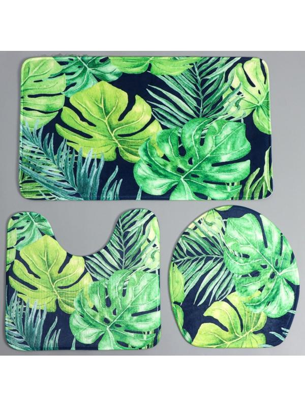 Набор ковриков для ванной и туалета Доляна «Голубые листья», 3 шт: 41×45, 40×50, 45×75 см