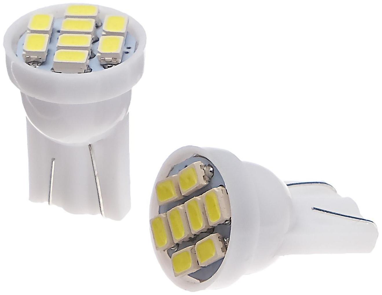 Автолампа светодиодная TORSO T10 W5W, габарит, 12 В, 8 SMD-3528, 2 шт, свет белый