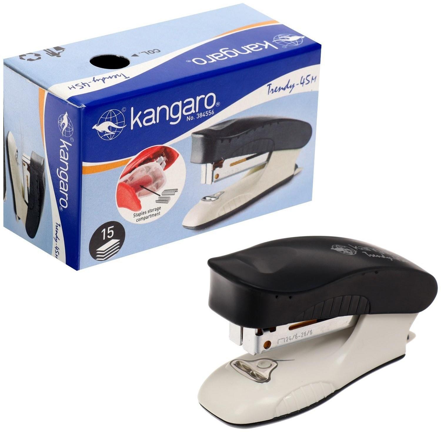 Степлер №24/6 и 26/6 15 листов Kangaro mini Trendy 45М встроенный антистеплер, 50 скоб, МИКС