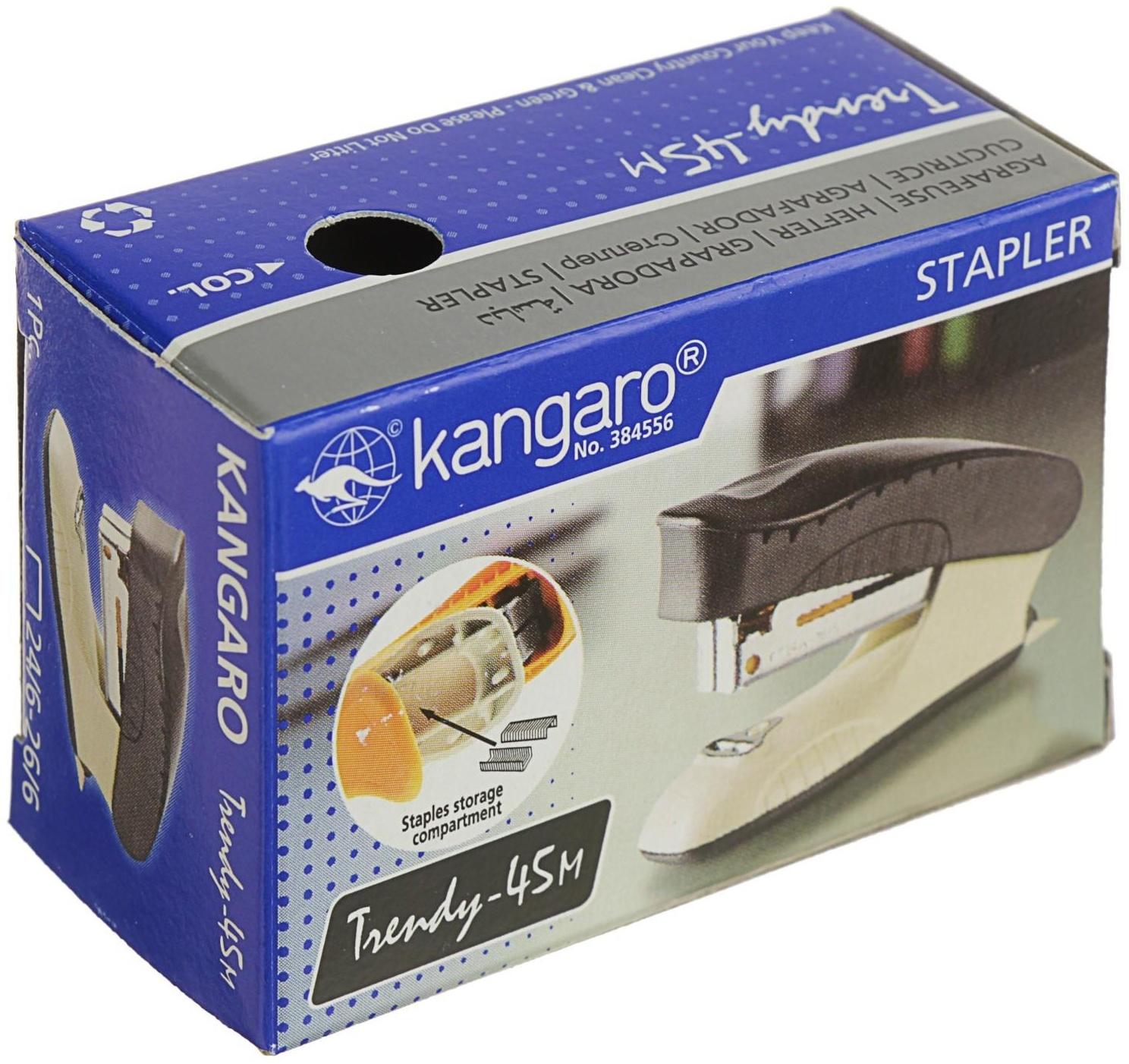 Степлер №24/6 и 26/6 15 листов Kangaro mini Trendy 45М встроенный антистеплер, 50 скоб, МИКС
