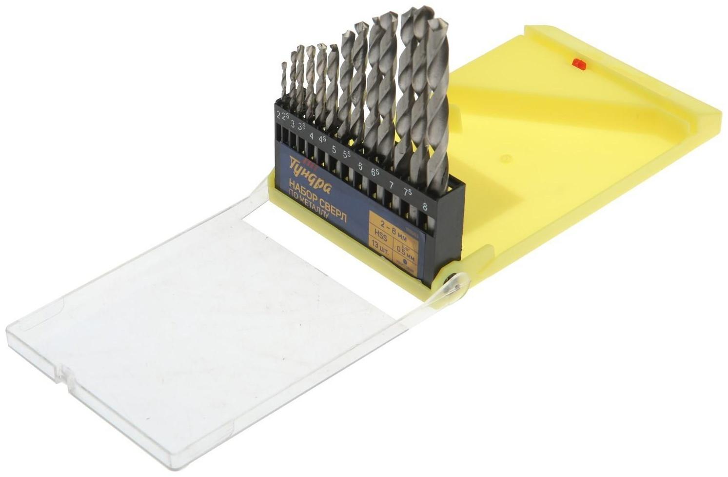 Набор сверл по металлу ТУНДРА, HSS, цилиндрический хвост., 2 - 8 мм (через 0.5 мм), 13 шт.