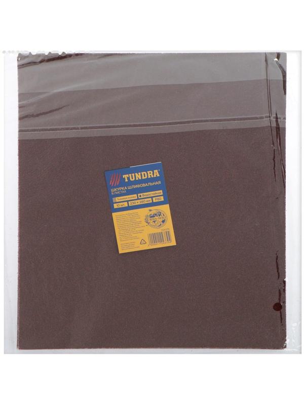 Шкурка шлифовальная в листах ТУНДРА, на тканевой основе водостойкая, 230 х 280, Р80, 10 шт.