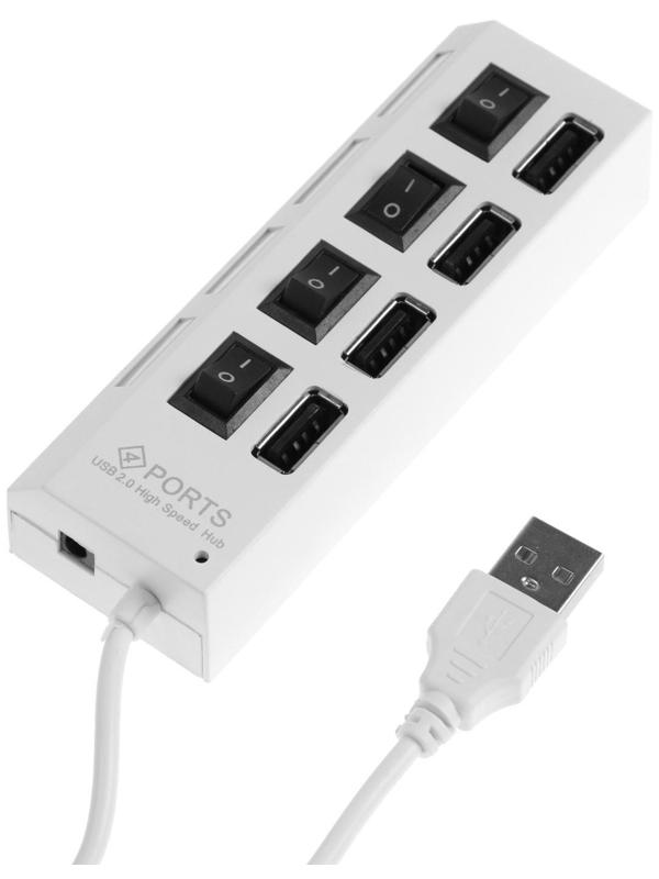 USB-разветвитель LuazON, 4 порта с индивидуальными выключателями белый