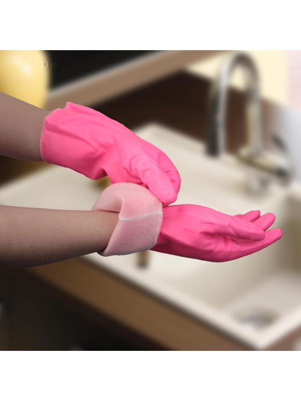 Перчатки хозяйственные резиновые Доляна, с подкладом, размер L, 90 гр, цвет розовый