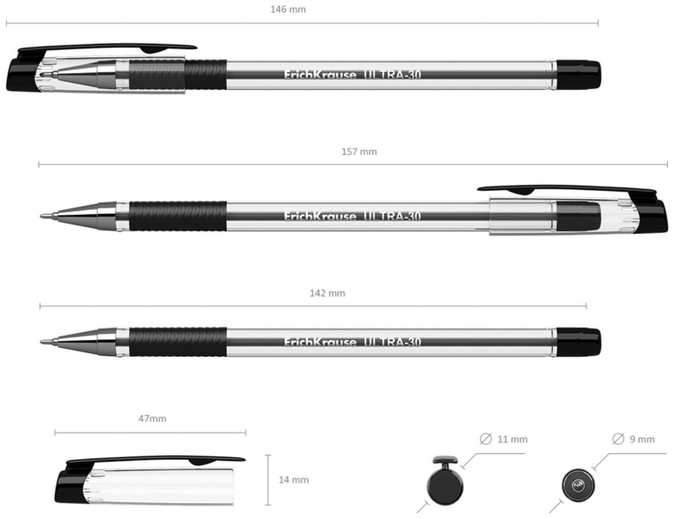 Ручка шариковая Erich Krause ULTRA-30, узел-игла 0.7 мм, чернила чёрные, резиновый упор, длина линии письма 2000 метров