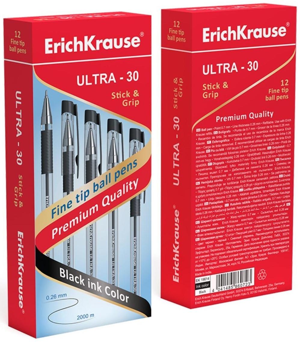 Ручка шариковая Erich Krause ULTRA-30, узел-игла 0.7 мм, чернила чёрные, резиновый упор, длина линии письма 2000 метров