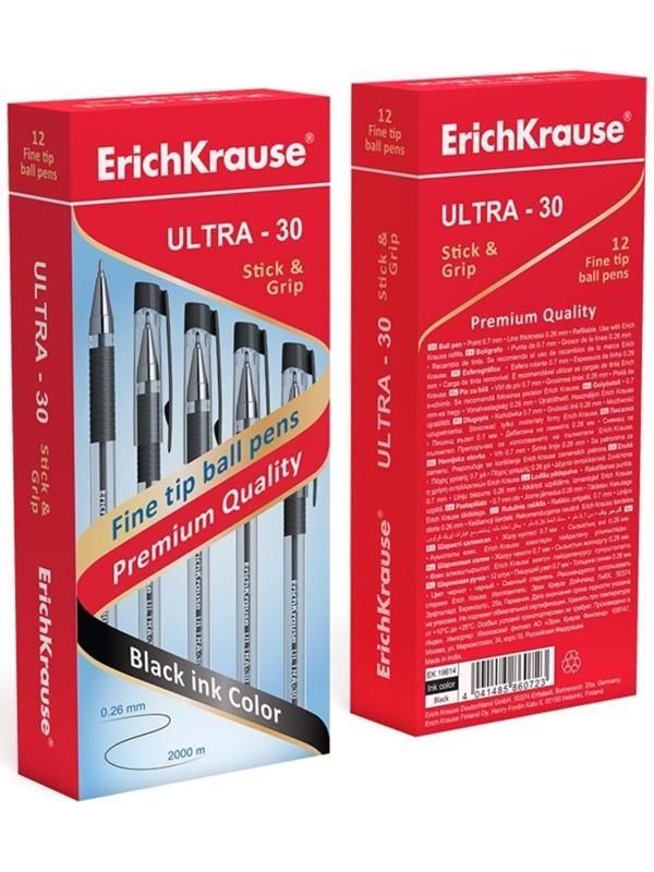 Ручка шариковая Erich Krause ULTRA-30, узел-игла 0.7 мм, чернила чёрные, резиновый упор, длина линии письма 2000 метров
