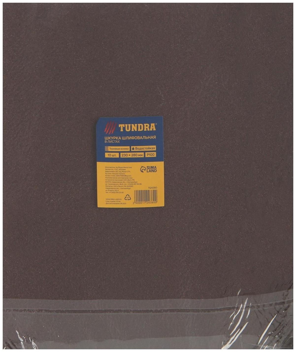 Шкурка шлифовальная в листах ТУНДРА, на тканевой основе водостойкая, 230 х 280, Р100, 10 шт.