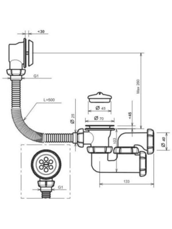 Сифон для ванны Aquant, с выпуском и переливом, регулируемый 40х40/50 мм