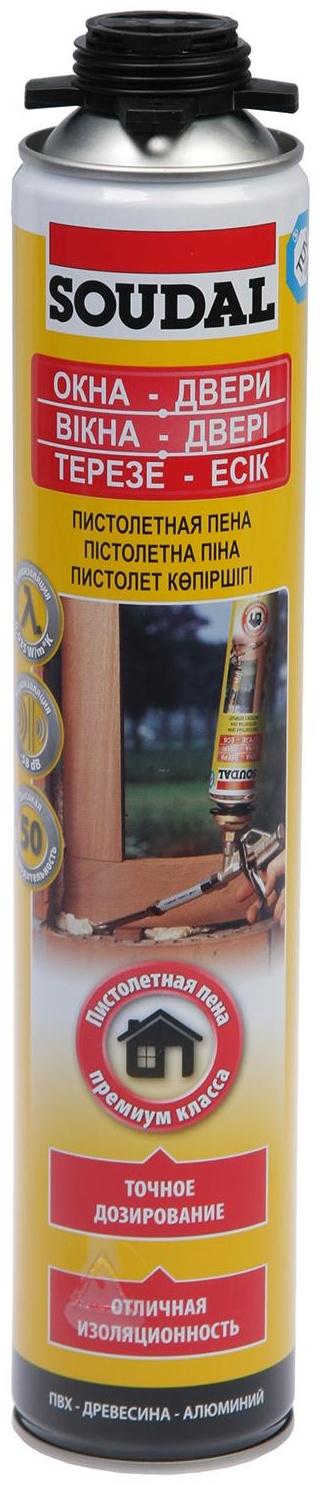 Пена монтажная Soudal, пистолетная, желтая, летняя, до 50 л, 750 мл