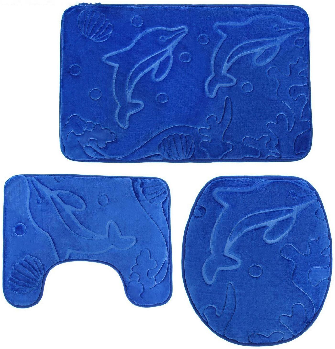 Набор ковриков для ванной и туалета Доляна «Дельфины», 3 шт: 39×43, 40×50, 50×80 см, цвет МИКС