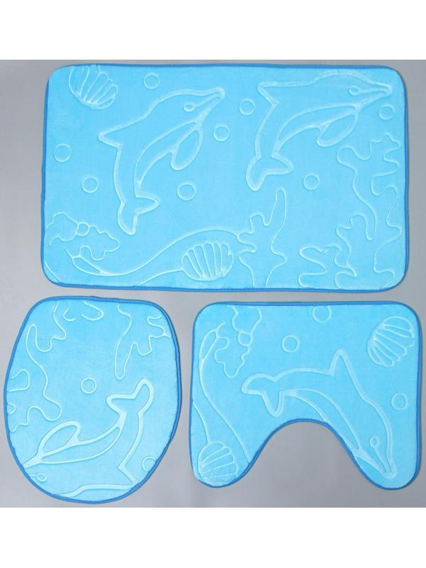 Набор ковриков для ванной и туалета Доляна «Дельфины», 3 шт: 39×43, 40×50, 50×80 см, цвет МИКС