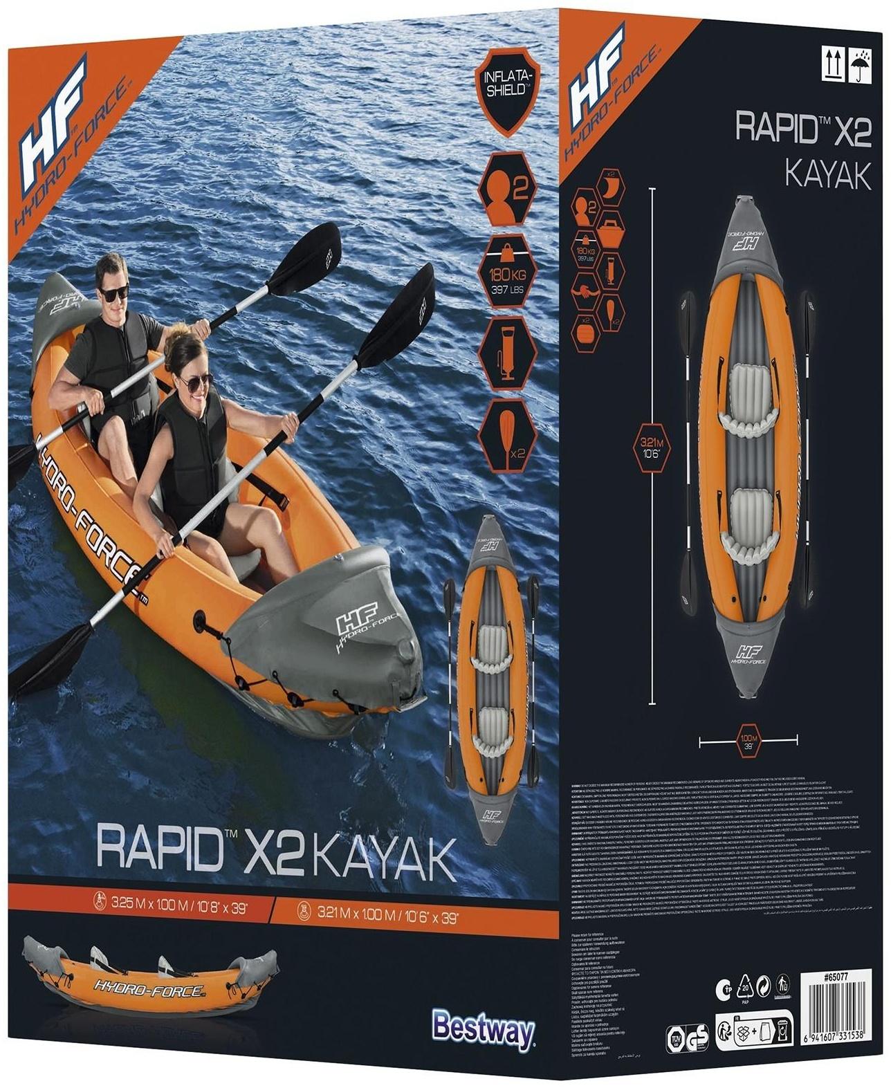 Байдарка Lite-Rapid X2 Kayak, 2 местная, вёсла 218 см, до 160 кг, 321 х 88 х 48 см, 65077 Bestway