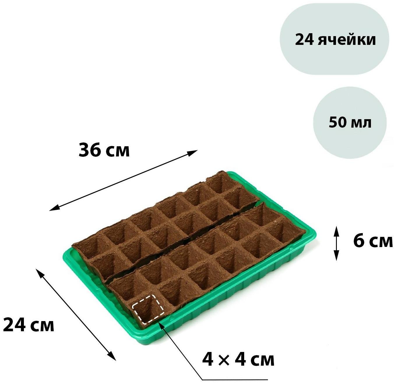 Набор для рассады: торфяная кассета, 24 ячейки (4 × 4 см) по 50 мл, поддон