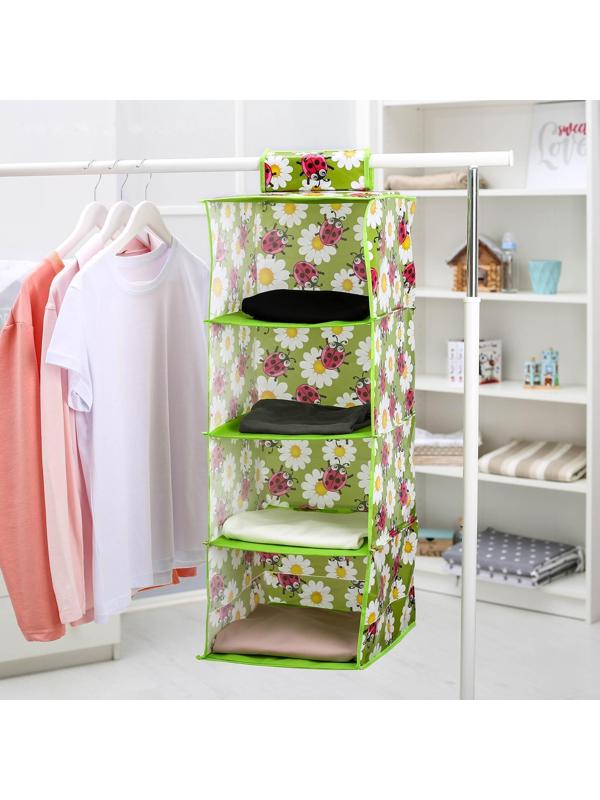 Кофр подвесной Доляна «Божьи коровки», 4 отделения, 30×30×80 см, цвет зелёный