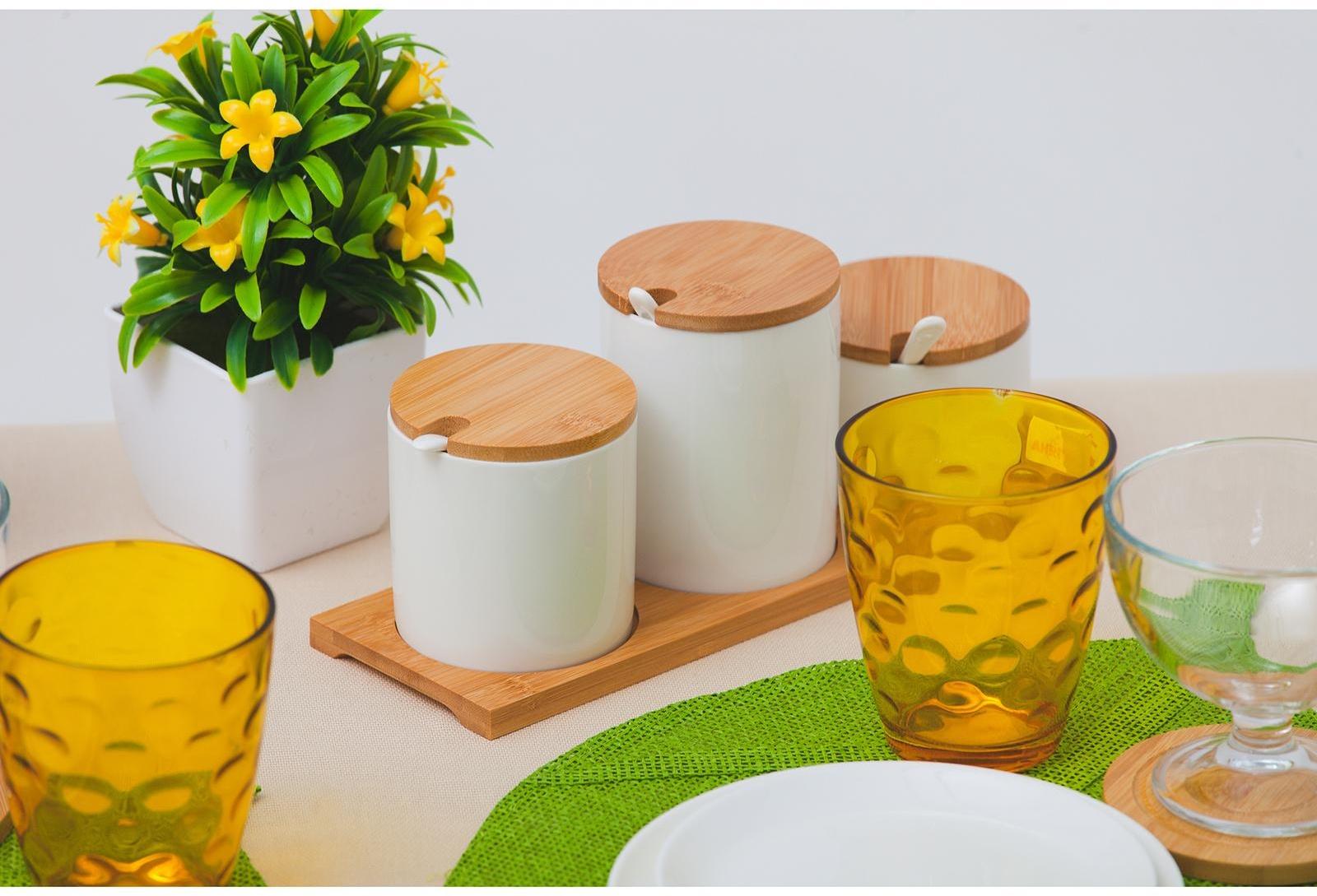 Набор банок для сыпучих продуктов Доляна «Эстет», 3 банки: 200 мл, 250 мл, 350 мл, 3 ложки, на подставке