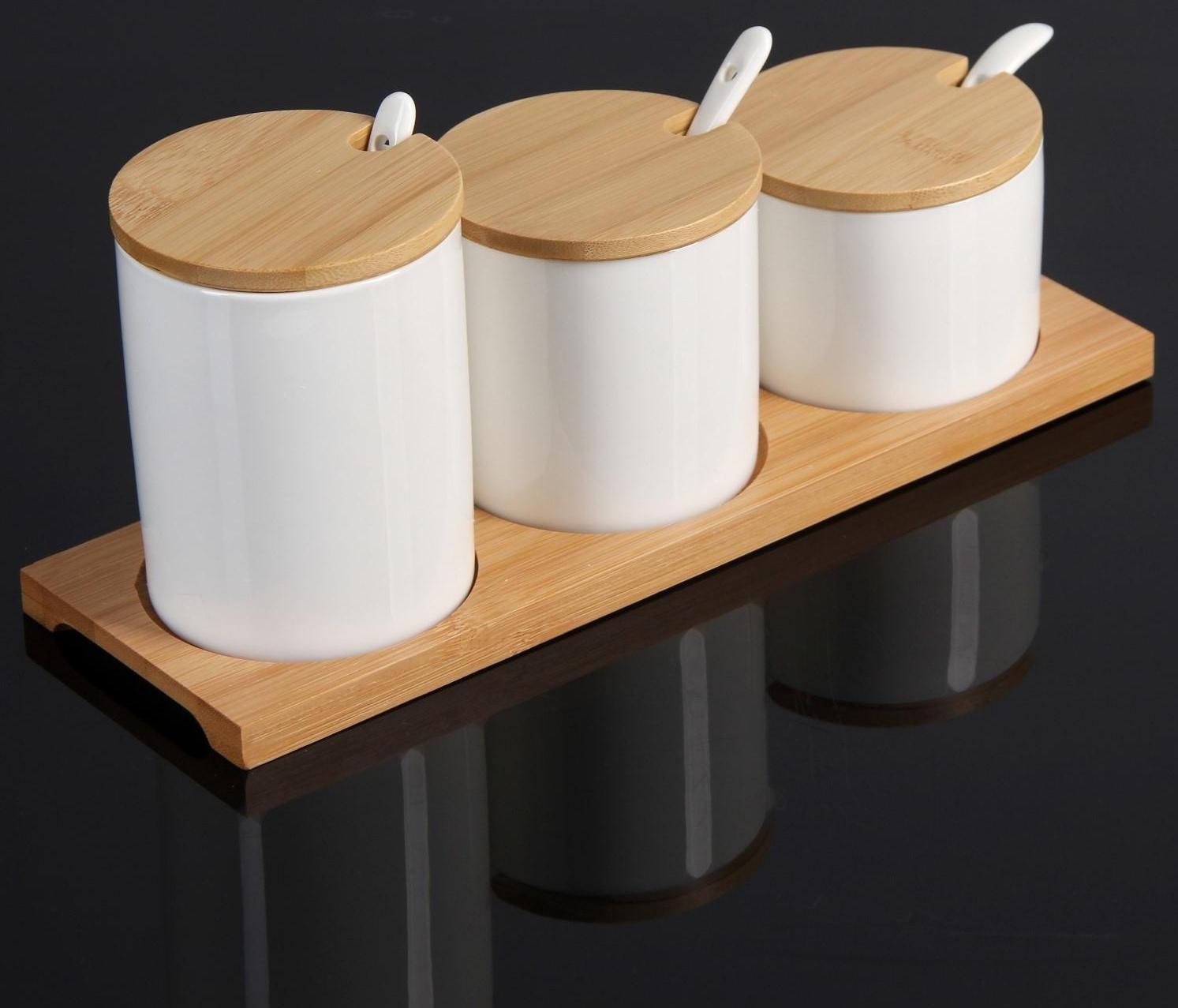 Набор банок для сыпучих продуктов Доляна «Эстет», 3 банки: 200 мл, 250 мл, 350 мл, 3 ложки, на подставке