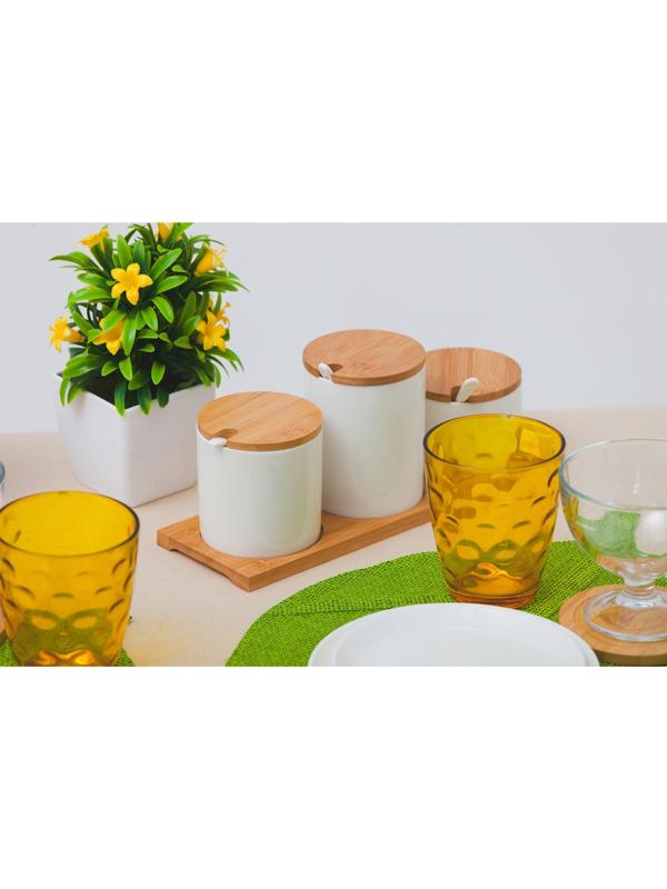 Набор банок для сыпучих продуктов Доляна «Эстет», 3 банки: 200 мл, 250 мл, 350 мл, 3 ложки, на подставке