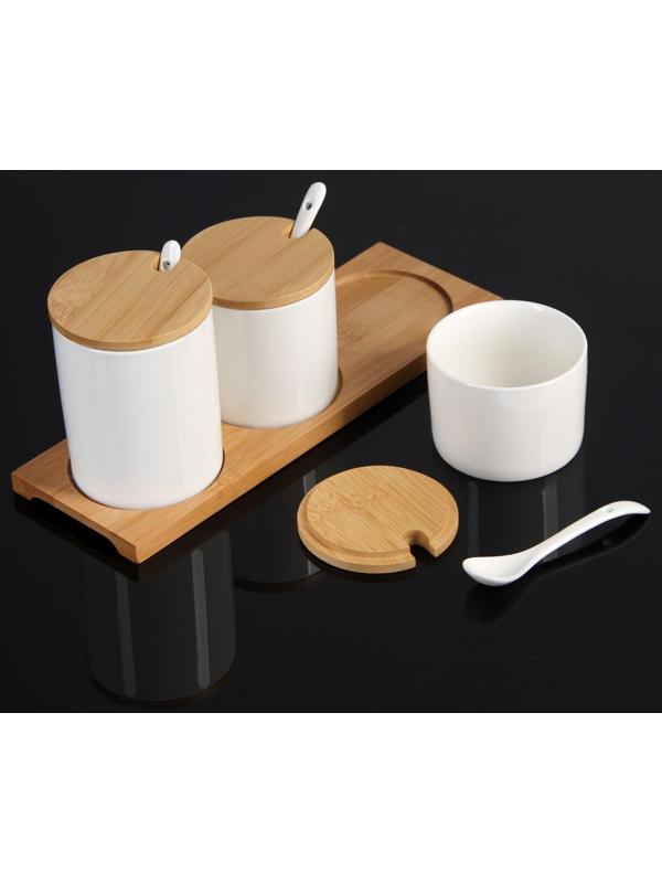 Набор банок для сыпучих продуктов Доляна «Эстет», 3 банки: 200 мл, 250 мл, 350 мл, 3 ложки, на подставке