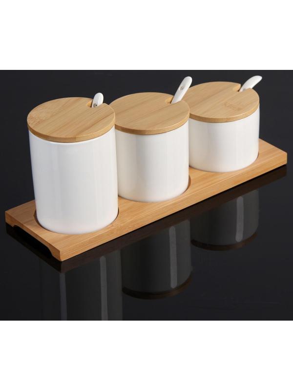 Набор банок для сыпучих продуктов Доляна «Эстет», 3 банки: 200 мл, 250 мл, 350 мл, 3 ложки, на подставке