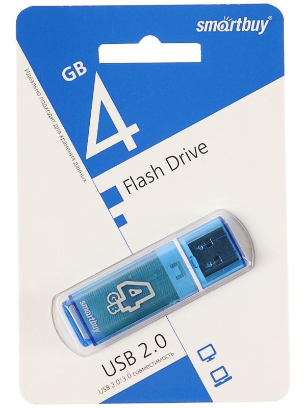 Флешка Smartbuy Glossy, 4 Гб, USB2.0, чт до 25 Мб/с, зап до 15 Мб/с, синяя