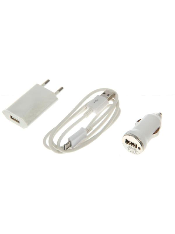 Комплект для зарядки 3 в 1 LuazON UC-09, АЗУ 1 A, microUSB 1 A, СЗУ 1 A, 1 м, белый