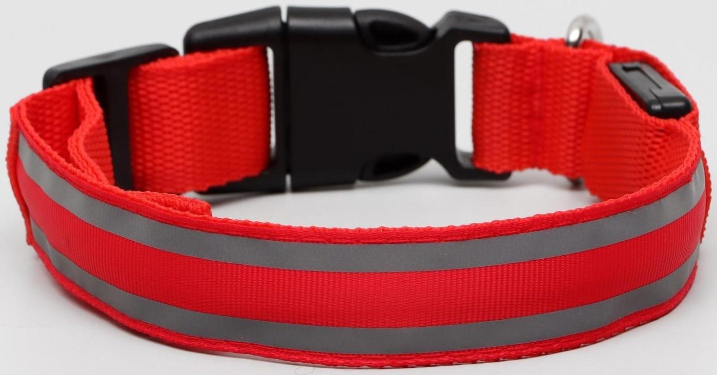 Ошейник с подсветкой и 2 светоотражающими полосами, размер S, 3 режима свечения, красный