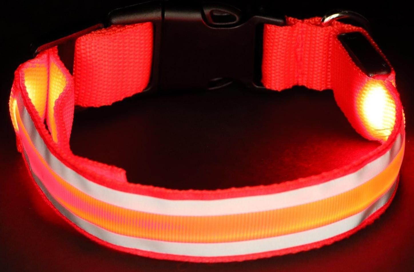 Ошейник с подсветкой и 2 светоотражающими полосами, размер S, 3 режима свечения, красный