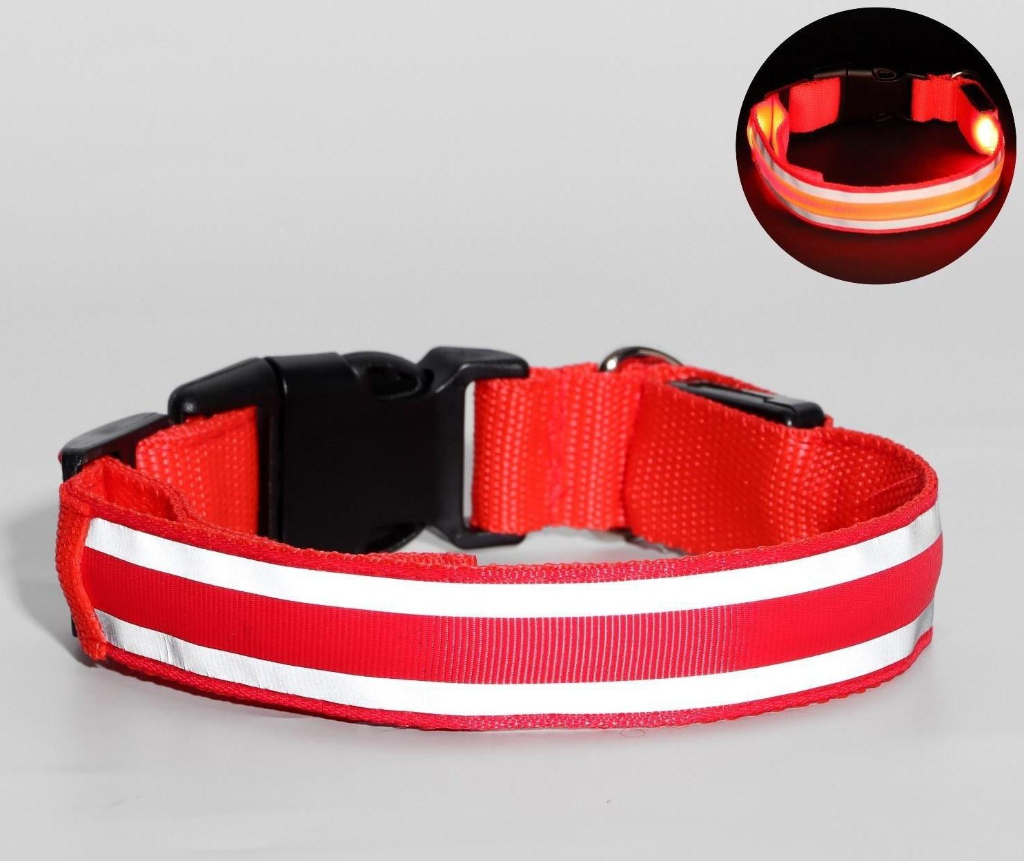 Ошейник с подсветкой и 2 светоотражающими полосами, размер S, 3 режима свечения, красный