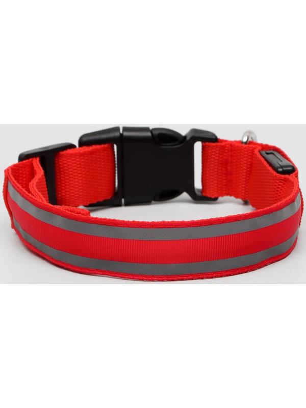 Ошейник с подсветкой и 2 светоотражающими полосами, размер S, 3 режима свечения, красный