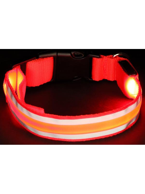 Ошейник с подсветкой и 2 светоотражающими полосами, размер S, 3 режима свечения, красный
