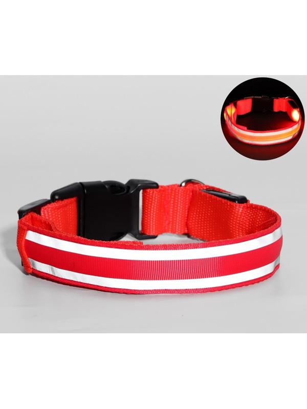 Ошейник с подсветкой и 2 светоотражающими полосами, размер S, 3 режима свечения, красный