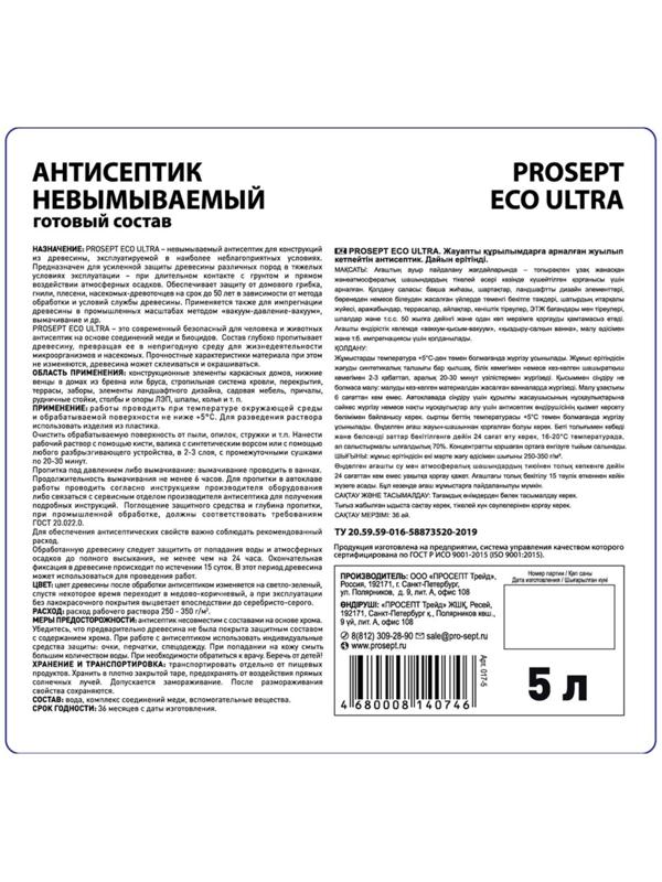 Антисептик невымываемый для ответственных конструкций, Prosept Eco Ultra, готовый раствор, 5 л