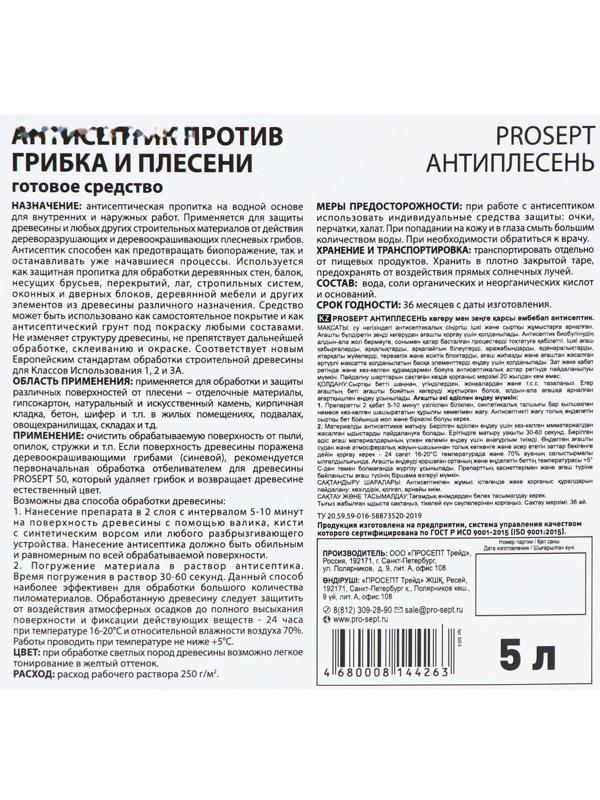 Антисептик универсальный против грибка и плесени, Prosept Антиплесень, готовый раствор, 5 л