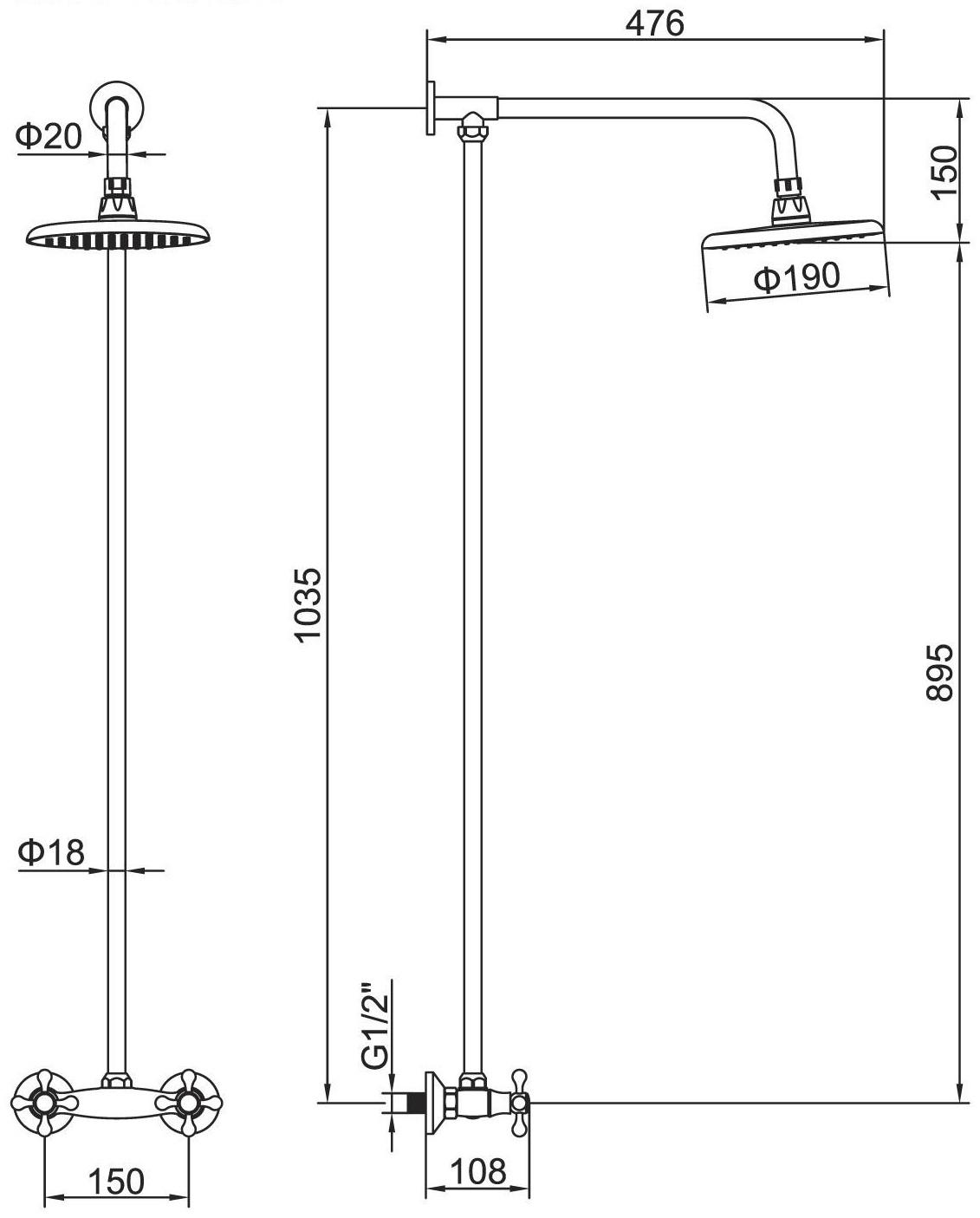 Штанга со смесителем Accoona А8176, двухрычажная, с тропическим душем, хром