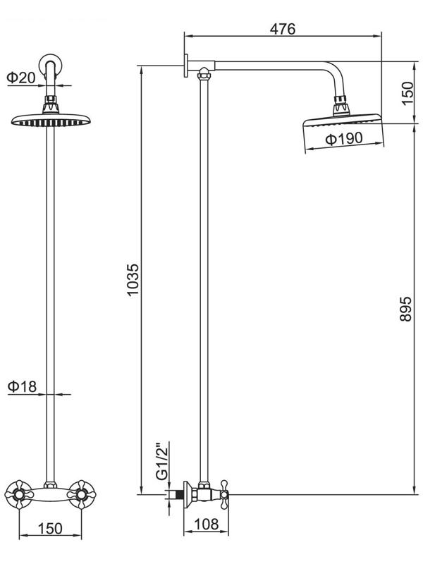 Штанга со смесителем Accoona А8176, двухрычажная, с тропическим душем, хром
