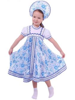Русский народный костюм для девочки с кокошником, голубые узоры, р-р 30, рост 110-116 см