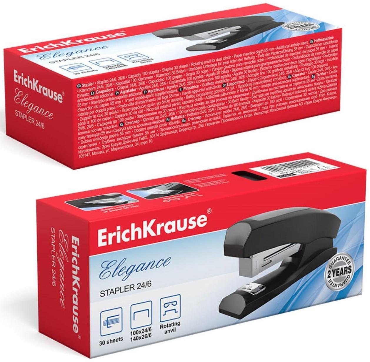 Степлер ErichKrause Elegance Half-strip №24/6 и 26/6, до 30 листов, вмещает до 100 скоб, глубина закладки бумаги до 55 мм, черный