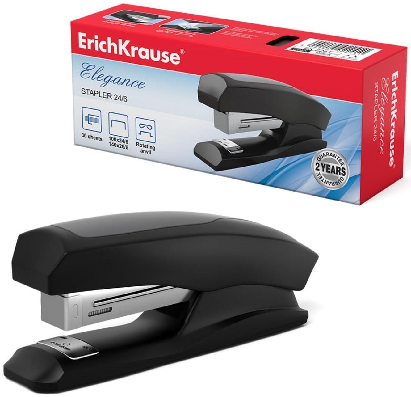 Степлер ErichKrause Elegance Half-strip №24/6 и 26/6, до 30 листов, вмещает до 100 скоб, глубина закладки бумаги до 55 мм, черный