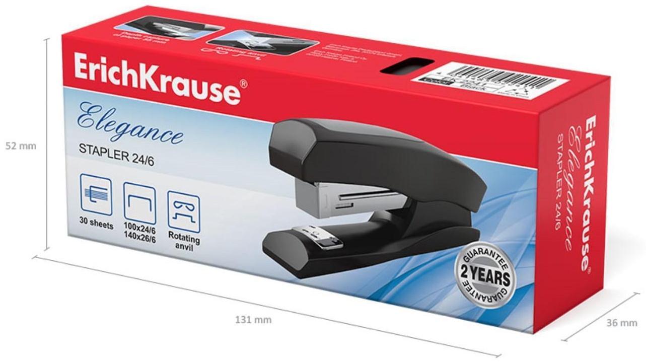 Степлер ErichKrause Elegance Half-strip №24/6 и 26/6, до 30 листов, вмещает до 100 скоб, глубина закладки бумаги до 55 мм, черный