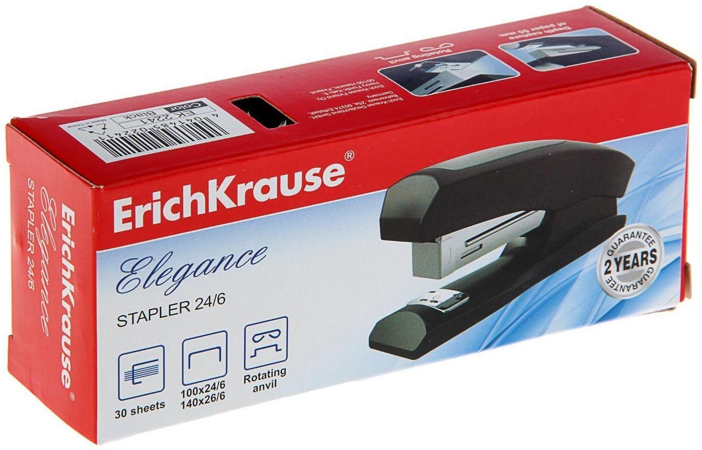 Степлер ErichKrause Elegance Half-strip №24/6 и 26/6, до 30 листов, вмещает до 100 скоб, глубина закладки бумаги до 55 мм, черный