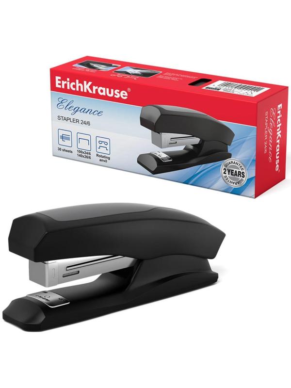 Степлер ErichKrause Elegance Half-strip №24/6 и 26/6, до 30 листов, вмещает до 100 скоб, глубина закладки бумаги до 55 мм, черный