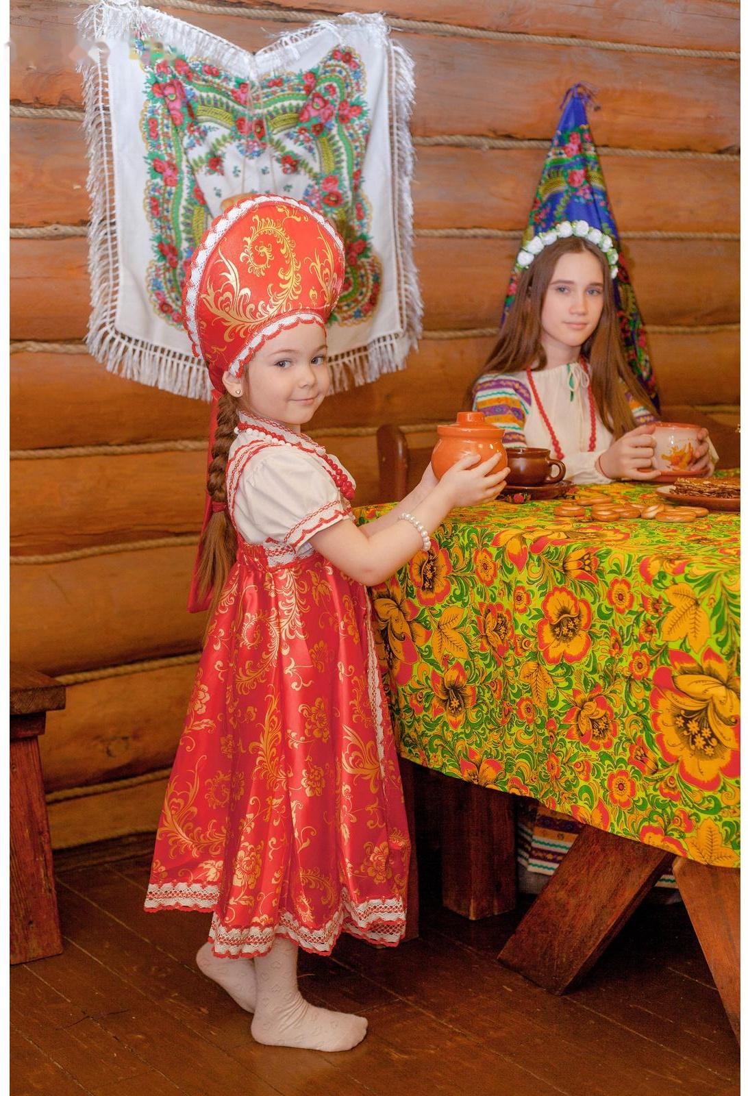 Русский народный костюм для девочки с кокошником, красно-бежевые узоры, р-р 60, рост 110-116 см