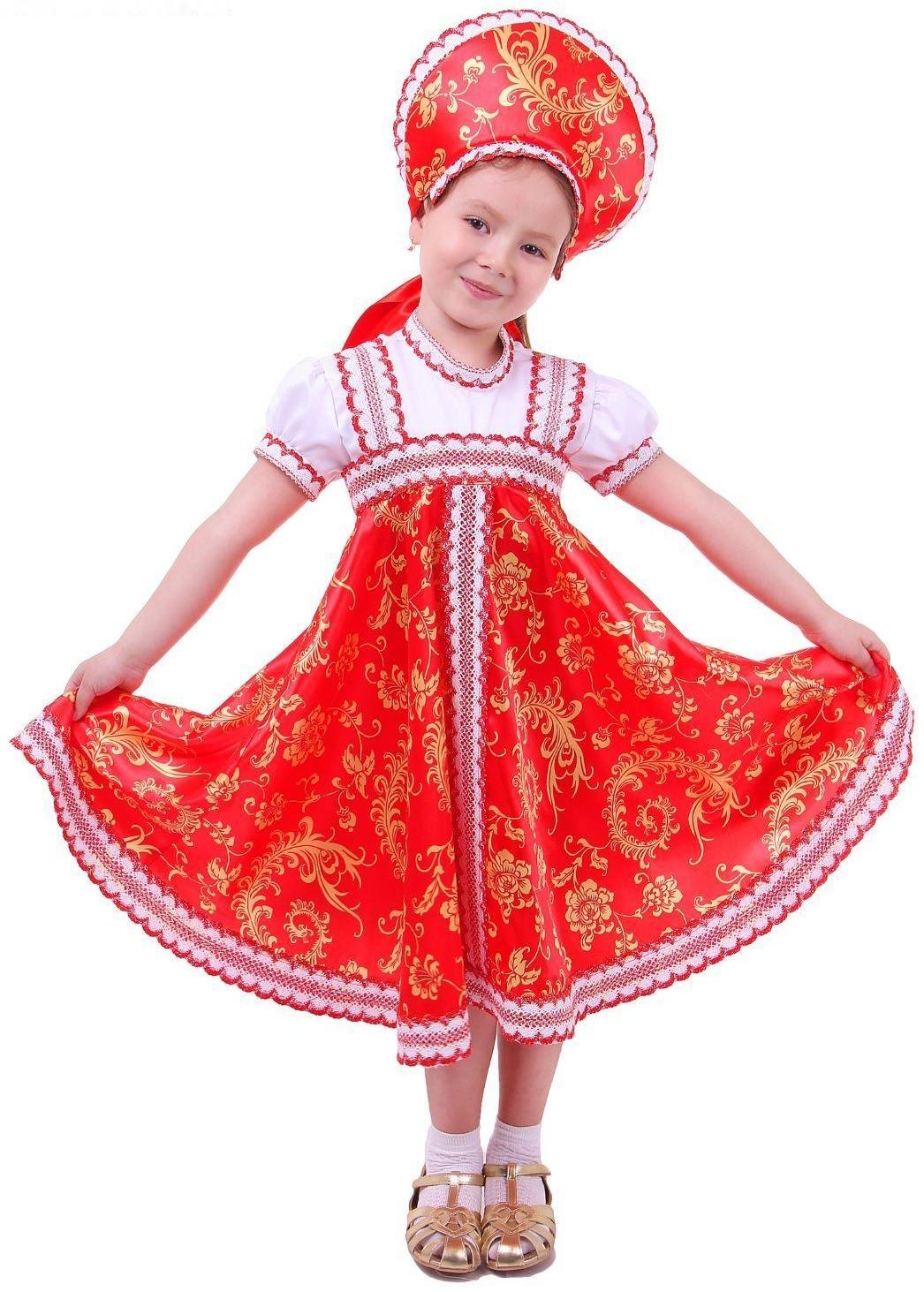 Русский народный костюм для девочки с кокошником, красно-бежевые узоры, р-р 60, рост 110-116 см