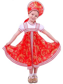Русский народный костюм для девочки с кокошником, красно-бежевые узоры, р-р 60, рост 110-116 см