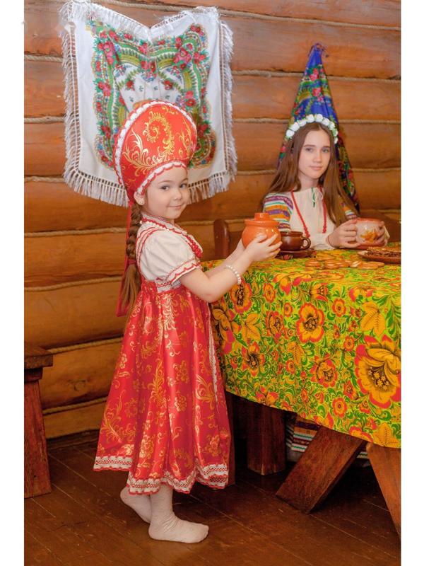 Русский народный костюм для девочки с кокошником, красно-бежевые узоры, р-р 60, рост 110-116 см