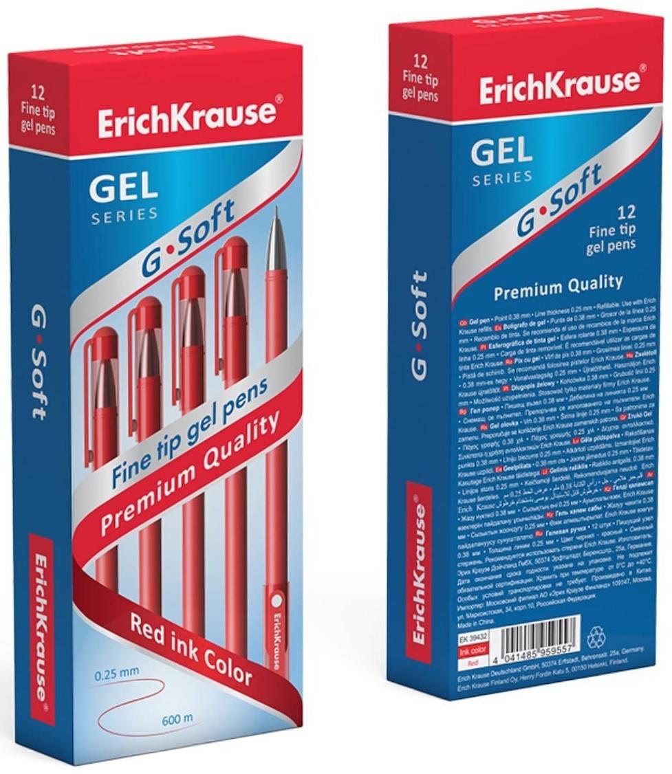 Ручка гелевая ErichKrause G-Soft, чернила красные, узел 0.38 мм, длина линии письма 500 метров