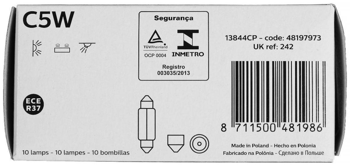 Лампа автомобильная Philips, C5W, 24 В, 5 Вт, 13844CP