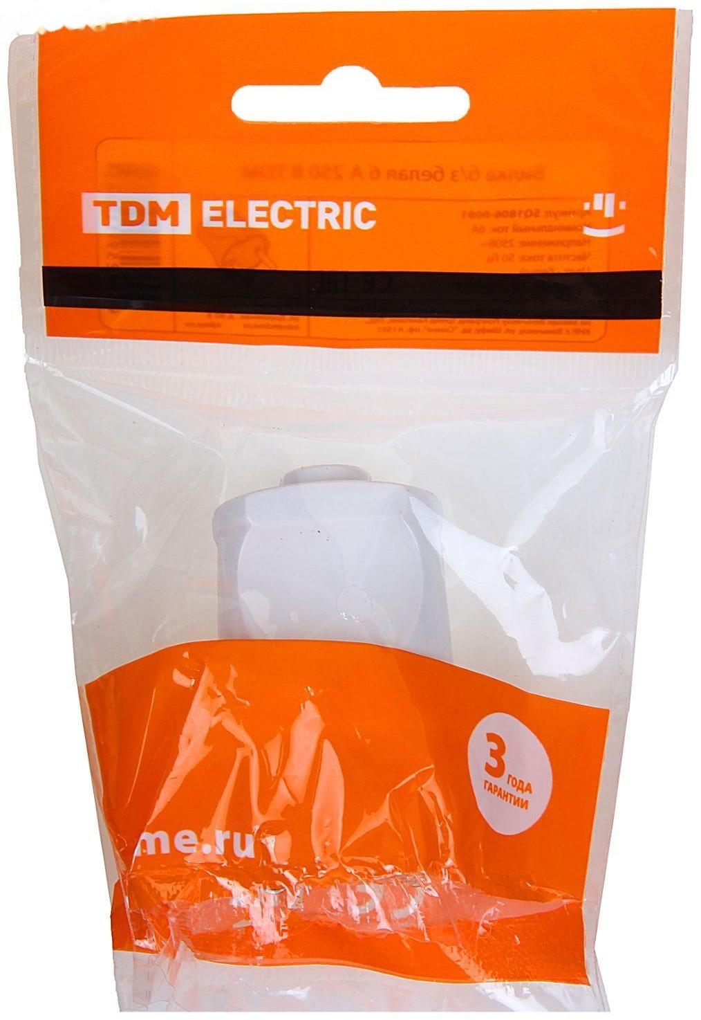 Вилка прямая TDM, 6 А, 250 В, IP20, без з/к, белая